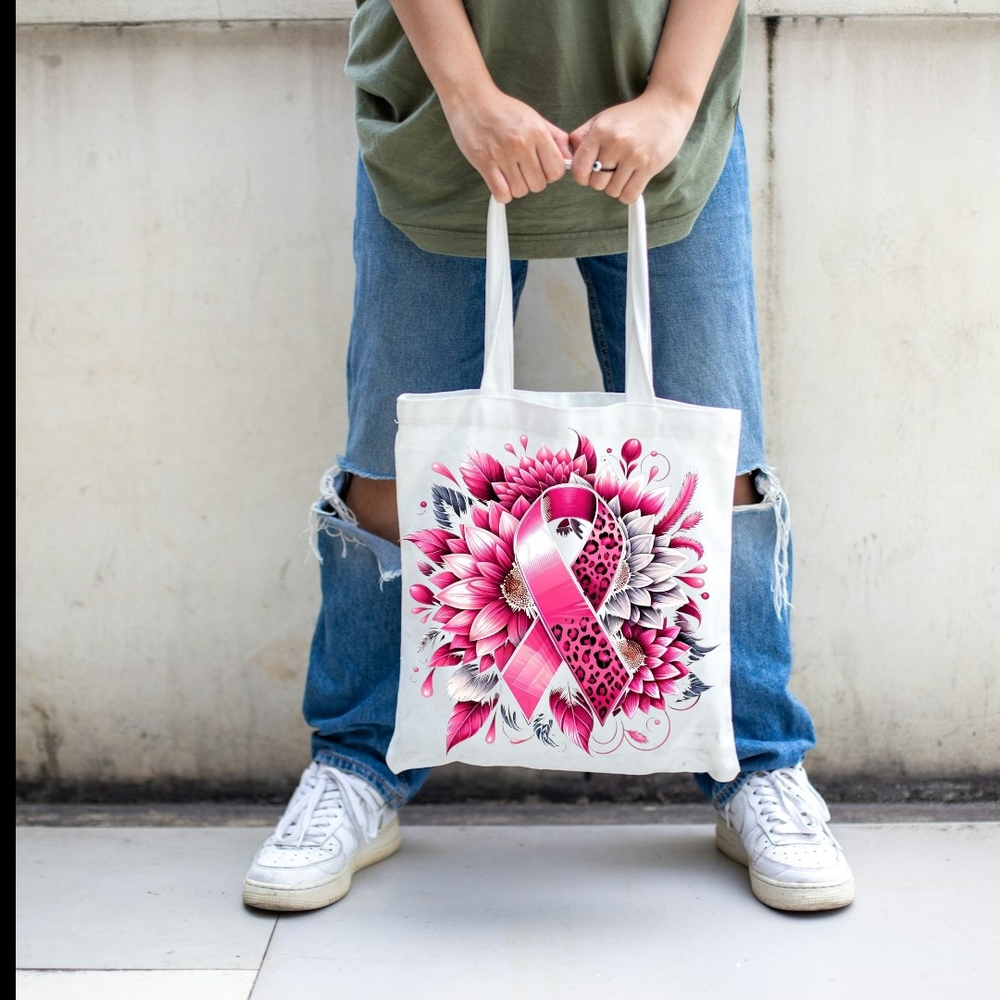 🎀 Pink Cancer Flower Tote Bag – Carry Strength, Bloom with Hope 🌸💗